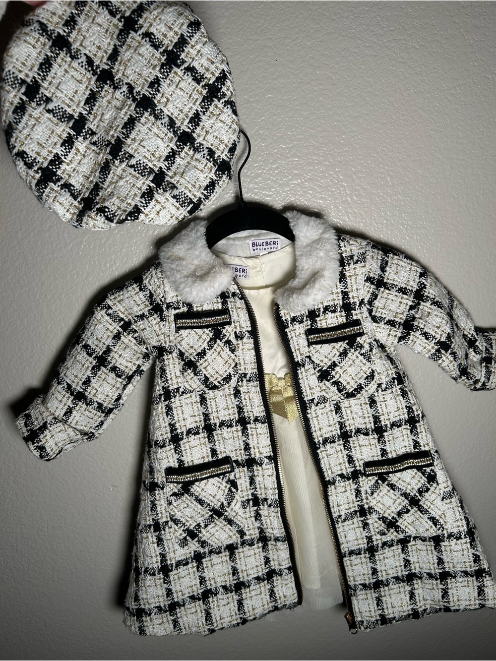 Blueberi Boulevard Black and White Tweed Coat with Matching Hat